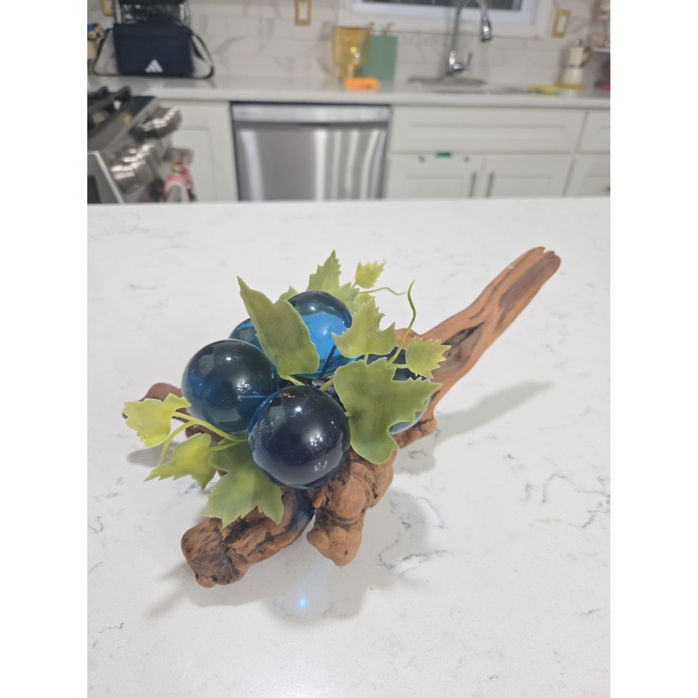 Vintage Lucite Plastic Large Blue Grapes Cluster 5 Grapes On Driftwood